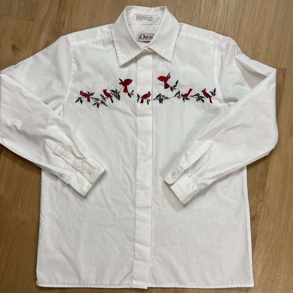 VTG Orvis Shirt Womens 6 White Button Up Cardinal Nature Embroidered Long Sleeve